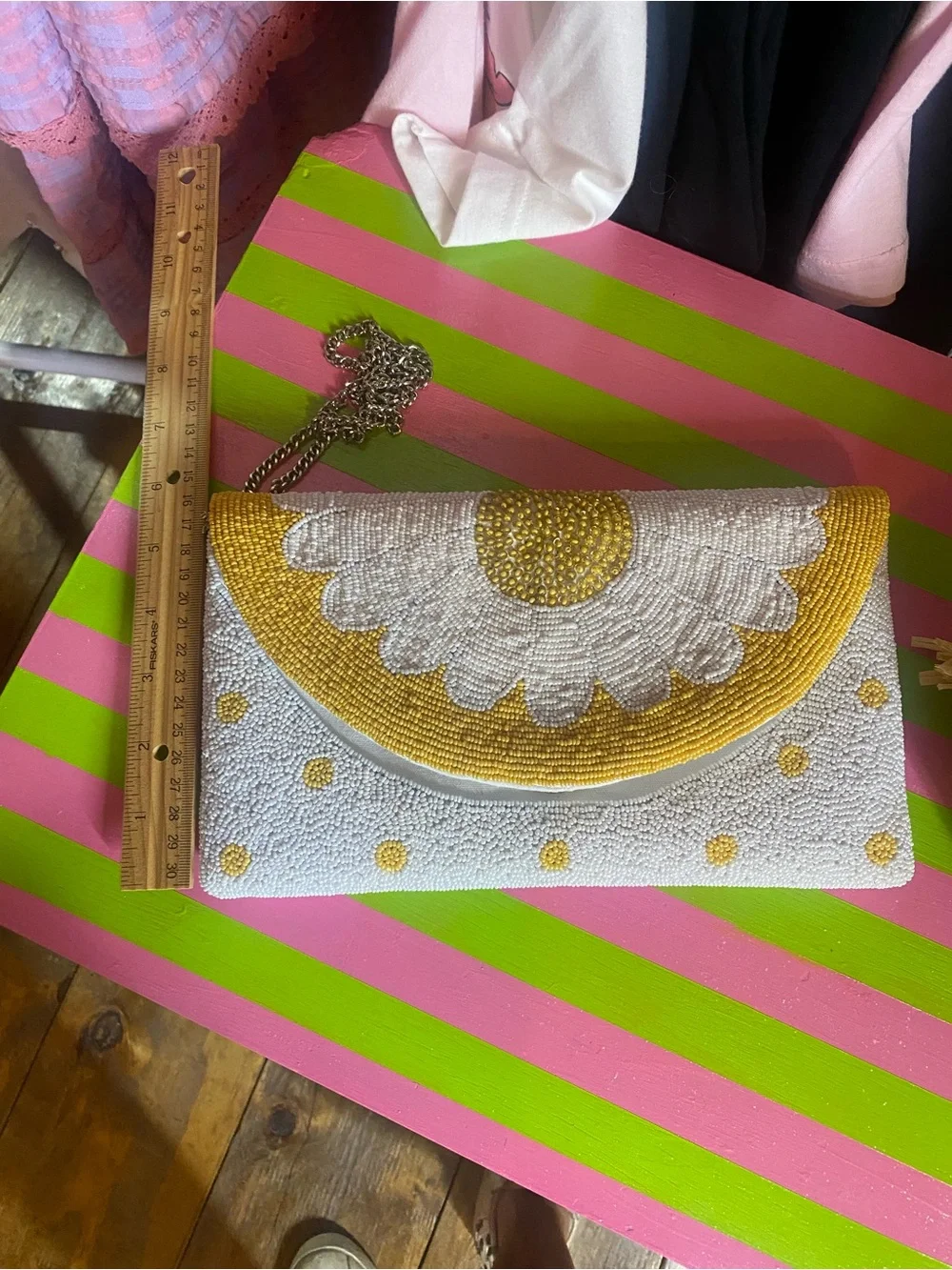 White and Yellow Beaded Floral Clutch with Chain Strap
